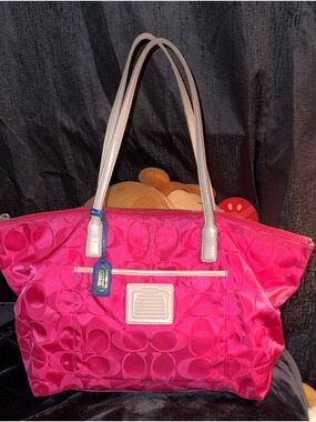 Coach Hot Pink Signature Tote with Cream Handles